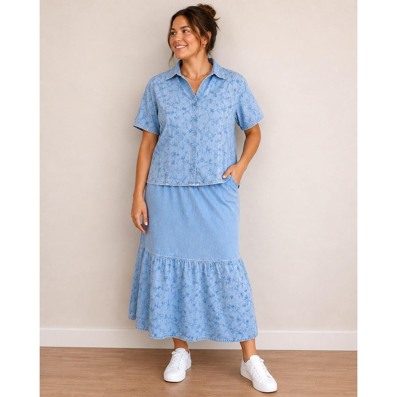 JM Collection Blaues besticktes Tencel-Denim-Shirt und Maxi-Rockset Größe 10 Bild 1