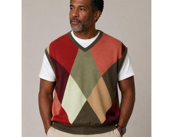 Lyle & Scott Pull sans manches à col en V et losanges multicolores pour hommes, grande taille