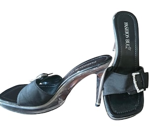 Vintage Fashion Bug Rhinestone Buckle Clear Heel Mules Slides Sandals