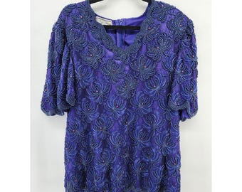 New Trends Purple Beaded Sequin Scalloped Evening Blouse XL