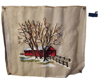 Vintage Needlepoint Wall Hanging Winter Red Barn Covered Bridge Snow Scene Tan