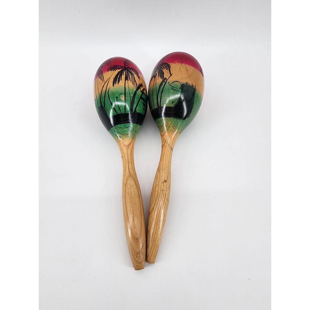 Maraca Tree Vintage Hand Painted Wooden Maracas Rasta Colors Palm Tree Percussion ...