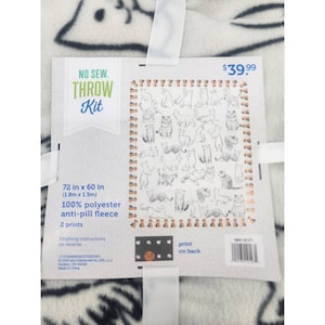 May include: A no-sew throw kit with a cat-themed design. The kit includes a 72 in x 60 in (1.8m x 1.5m) 100% polyester anti-pill fleece with two prints. The tag also shows a variety of cat illustrations.