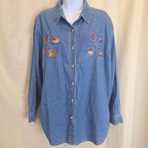 Basic Editions vintage XL Denim Shirt Embroidered Fall Harvest Button Up Top