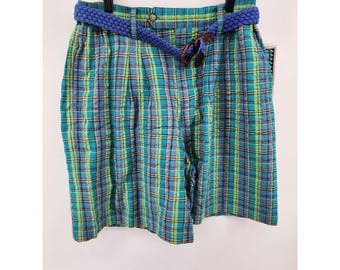 Weiße, karierte Shorts mit Gürtel und Falten, türkisgrün-lila, Größe 14, Vintage 90er Jahre