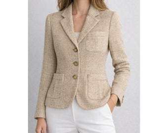 Blazer Lauren Ralph Lauren Petite em seda texturizada 100% bege, tamanho 2P