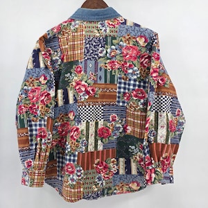 Capacity Womens Small Patchwork Floral Button Up Shirt Denim Collar 100% Cotton