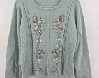 Vintage L Hellblau Grün Gestickte Blumen Strickpullover Langarm Acryl