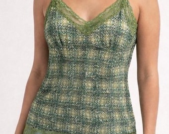 100% Seide Camisole Tank Top Klein Y2k Grün Mosaik Pailletten Spitze V-Ausschnitt funkeln