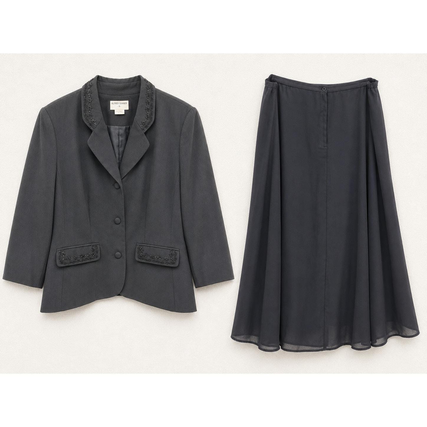Alfred Dunner Beaded Blazer & Requirements Chiffon Skirt Set Black Plus Size 18