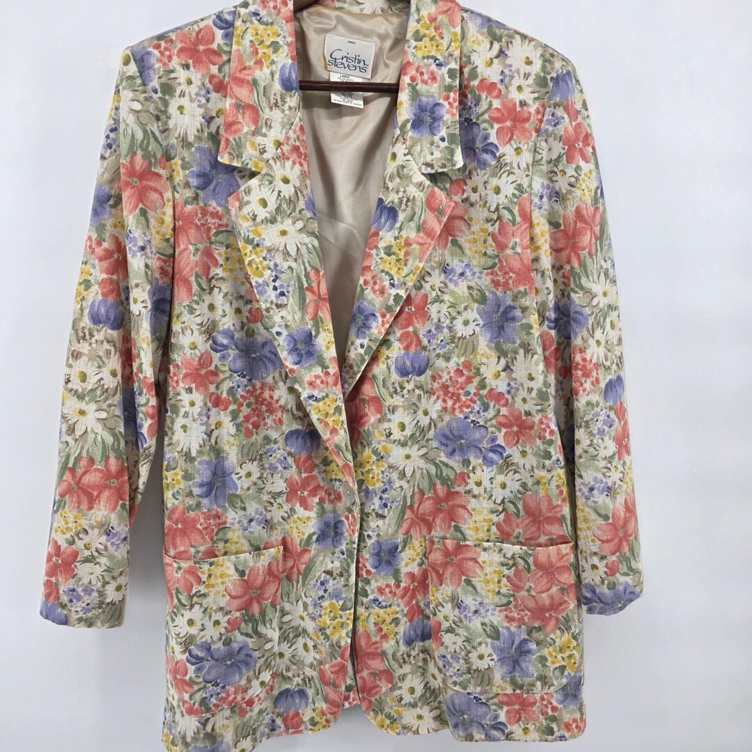 Cristin Stevens Large Floral Blazer Jacket Linen Blend Euro 