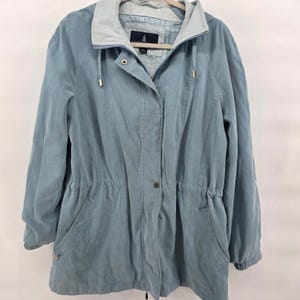 May include: A light blue jacket with a hood and drawstring waist. The jacket has a button and zipper closure, two front pockets, and a light blue lining. The jacket is hanging on a wooden hanger.