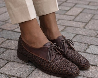 Zapatos Oxford de piel trenzada marrón con cordones Sesto Meucci, fabricados en Italia, talla 6 M para mujer.