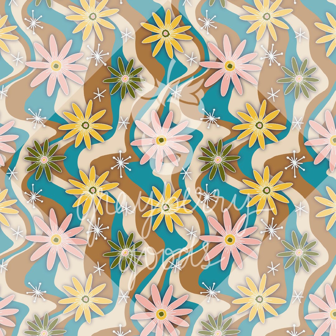Retro 70s Floral Seamless Pattern | Wavy Teal, Mustard, & Pink Groovy ...