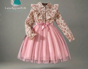 Vestido de fiesta de tul floral para niñas, conjunto de cumpleaños de manga larga, vestido floral de primavera para niñas, falda de princesa de malla rosa, elegante vestido de tutú con flores