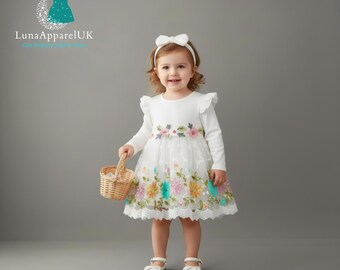 3D Floral Baby Girl Dress, Long Sleeve Party Gown with Headband