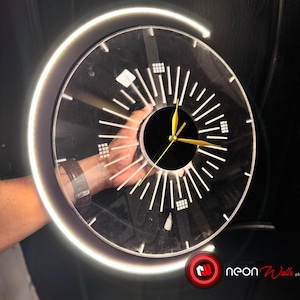 LED Neon Wall Clock: Modern Acrylic & Wood Ambient Light Clock