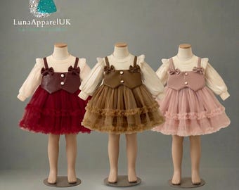 Chiffongklänning för babyflicka, höst, prinsessrosett, enfärgade födelsedagskläder för småbarn, kakiröda rosa festkläder