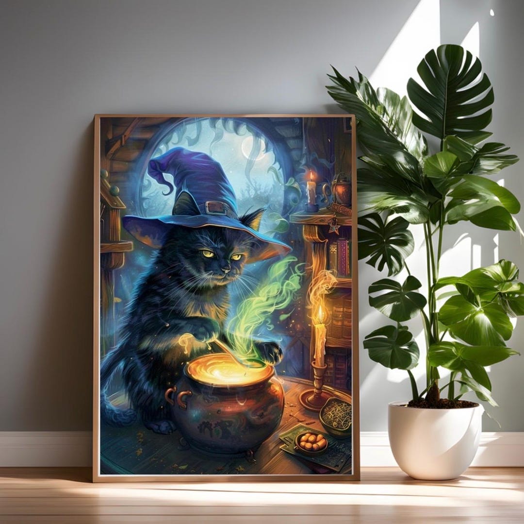 Whimsical Cat Witch Poster, Magical Wall Art, Halloween Decor, Gift for ...