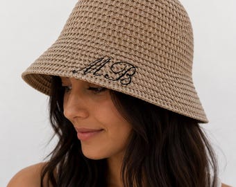 Crochet Bucket Hat Monogram Personalized Initial Embroidered Custom Accessory Women Bachelorette gift Birthday Present Unique Bridesmaid