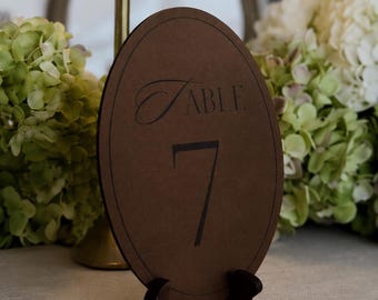 Wedding Table Number Card Display Sign Centerpiece Reception Decor Modern Minimalist Ceremony Signage Brown Cardstock Seating Marker Event