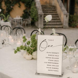 May include: A clear acrylic table sign labeled Table One with a list of names including Olivia Bennett, Marcus Hale, Sophie Delgado, Ethan Cross, Lila Montgomery, Noah Sinclair, Chloe Ramirez, and Gavin Pierce, displayed on a white tablecloth.