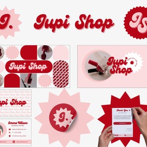 Op de afbeelding: Een verzameling Jupi Shop-brandingelementen in rood en wit, waaronder logo's, een visitekaartje en een bedankkaart. De logo's tonen de tekst "Jupi Shop" in een gestileerd lettertype, samen met de initialen "IS".