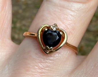 Blue Sapphire Heart Ring with Diamond Accent | 10k Gold | Size 5.75