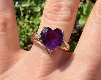 Amethyst Heart Ring | 14k Gold | Diamond Accent | Size 5.25 | Vintage Purple Gemstone Ring
