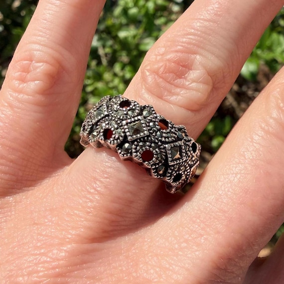 Vintage Sterling Silver Marcasite Ring| Size 6 | Ornate Openwork Statement Band