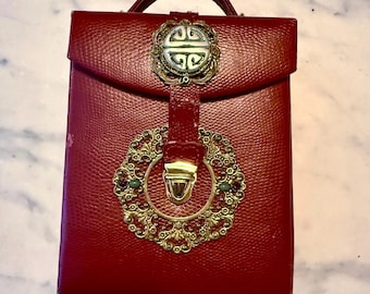 Vintage Jo Marz Rot Leder Schmuck Reiseetui mit Jade Medaillon