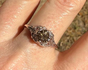 Old European Cut Champagne Diamond Ring | 14K White Gold Filigree Engagement Ring