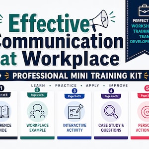 Puede incluir: Un kit de formación profesional titulado Effective Communication at Workplace con un icono de megáfono. Incluye cinco pasos: Reference Guide, Workplace Example, Interactive Activity, Case Study & Questions y Personal Action Plan.