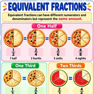 Peut inclure: Une affiche éducative intitulée EQUIVALENT FRACTIONS expliquant que des fractions peuvent avoir des numérateurs et dénominateurs différents tout en représentant la même quantité. Elle montre des pizzas et pastèques divisées pour illustrer 1/2, 2/4, 3/6, 4/8, 1/3, 2/6, 2/3 et 4/6.