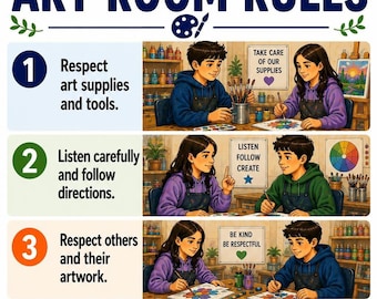 Poster con le regole per l'aula d'arte/ Decorazioni per la classe d'arte/ Regole stampabili per lo studio d'arte per la scuola elementare e media/ Decorazioni murali creative per l'aula/ PDF istantanei