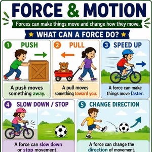 May include: An educational poster titled FORCE & MOTION with five numbered panels illustrating physical concepts. Panels show a child pushing a box, pulling a wagon, riding a bike to speed up, braking a bike, and kicking a soccer ball to change direction.
