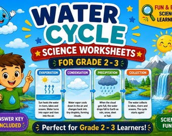 Schede didattiche sul ciclo dell'acqua per la seconda e terza elementare / Pacchetto di attività scientifiche stampabili / 10 schede + soluzioni / Per l'istruzione domiciliare / Download immediato in formato PDF