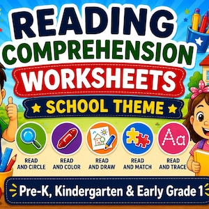 Puede incluir: Cartel educativo colorido con el texto "Reading Comprehension Worksheets School Theme". Presenta niños de dibujos animados, una escuela, un reloj, libros e iconos para actividades de lectura. Incluye "Pre-K, Kindergarten & Early Grade 1".