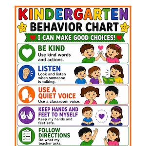 May include: A colorful kindergarten behavior chart poster titled KINDERGARTEN BEHAVIOR CHART I CAN MAKE GOOD CHOICES! It features five rows with icons and illustrations of children demonstrating positive actions like being kind, listening, and following directions.