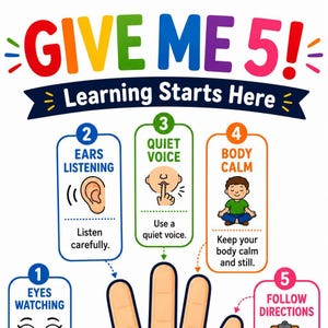 Póster imprimible "Dame 5" para el aula / Dame cinco / Decoración para la gestión del aula / Reglas del aula de primaria / Arte mural para profesores / PDF instantáneo