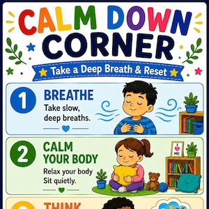 Peut inclure: Une affiche éducative colorée intitulée CALM DOWN CORNER avec le sous-titre Take a Deep Breath & Reset. Elle présente des étapes numérotées avec des illustrations d'enfants pratiquant des techniques de respiration et de relaxation.
