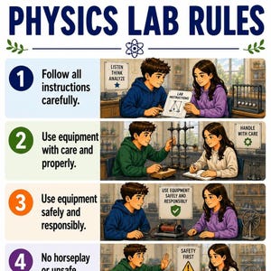 May include: A colorful illustration of physics lab rules. The image features four numbered rules with accompanying illustrations of students in a lab setting. The text includes "Follow all instructions carefully," and "Use equipment safely and responsibly."