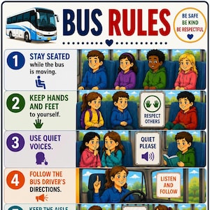 May include: A rectangular educational poster titled BUS RULES featuring a white and blue bus illustration. It lists four numbered guidelines with cartoon characters demonstrating behaviors like staying seated, keeping hands to self, using quiet voices, and following the driver's directions, with text prompts like RESPECT OTHERS and QUIET PLEASE.
