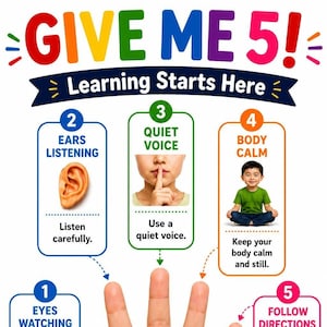 May include: A colourful educational poster titled GIVE ME 5! Learning Starts Here. It features five numbered steps: 1 Eyes Watching, 2 Ears Listening, 3 Quiet Voice, 4 Body Calm, and 5 Follow Directions, illustrated with icons and text instructions.