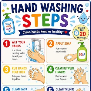 Peut inclure: Une affiche éducative colorée intitulée HAND WASHING STEPS avec le sous-titre Clean hands keep us healthy! Elle présente six illustrations numérotées montrant des techniques d'hygiène des mains, comme se mouiller les mains et frotter pendant 20 secondes.