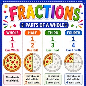 May include: An educational poster titled FRACTIONS PARTS OF A WHOLE, displaying four columns with pizza graphics illustrating fractions. Each column shows the numerical fraction, the written name, and a description of how the pizza is divided.