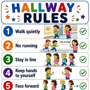 Może przedstawiać: Prostokątny plakat edukacyjny z napisem HALLWAY RULES i pięcioma ponumerowanymi wierszami. Każdy wiersz zawiera tekst, kolorową ilustrację dzieci demonstrujących zasadę oraz zielony znacznik. Zasady to Walk quietly, No running, Stay in line, Keep hands to yourself i Face forward.