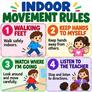 May include: A colorful educational poster titled INDOOR MOVEMENT RULES with four numbered sections. Each section features cartoon illustrations and text: 1. WALKING FEET, 2. KEEP HANDS TO MYSELF, 3. WATCH WHERE I'M GOING, and 4. LISTEN TO THE TEACHER.
