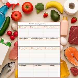 Op de afbeelding: Een bovenaanzicht van een maandelijkse boodschappenlijst en boodschappen. De afbeelding toont verse groenten, vlees, eieren en schoonmaakproducten. De boodschappenlijst is getiteld "Monthly Grocery List Template".
