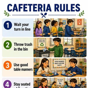 Puede incluir: Ilustración colorida titulada "REGLAS DE LA CAFETERÍA" con cuatro reglas numeradas. Las reglas son: esperar en la fila, tirar la basura en el bote, usar buenos modales en la mesa y permanecer sentado. Cada regla está ilustrada.